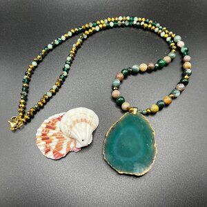 Agate Gemstone Raw Edge Slice plus 30 inch Gemstone Beaded Chain Handmade New